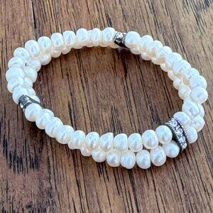 Elegant Double-Strand Stretch Fresh Water Pearl Bracelet with Crystal Accents